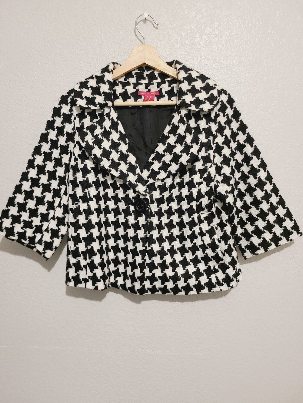 Sunny Leigh Black & White Houndstooth Cropped Blazer Jacket Wool Blend